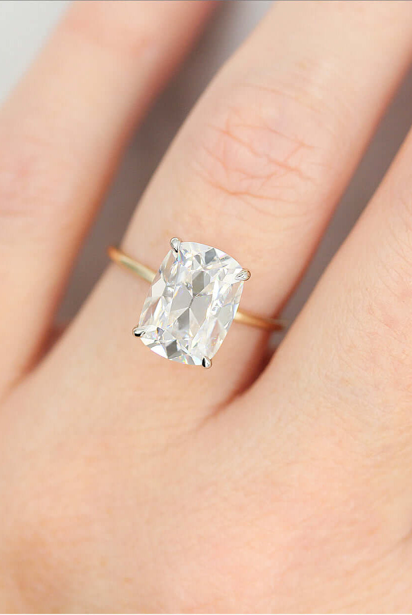3.5CT Elongated Cushion Rose Cut Moissanite Diamond Solitaire Engagement Ring