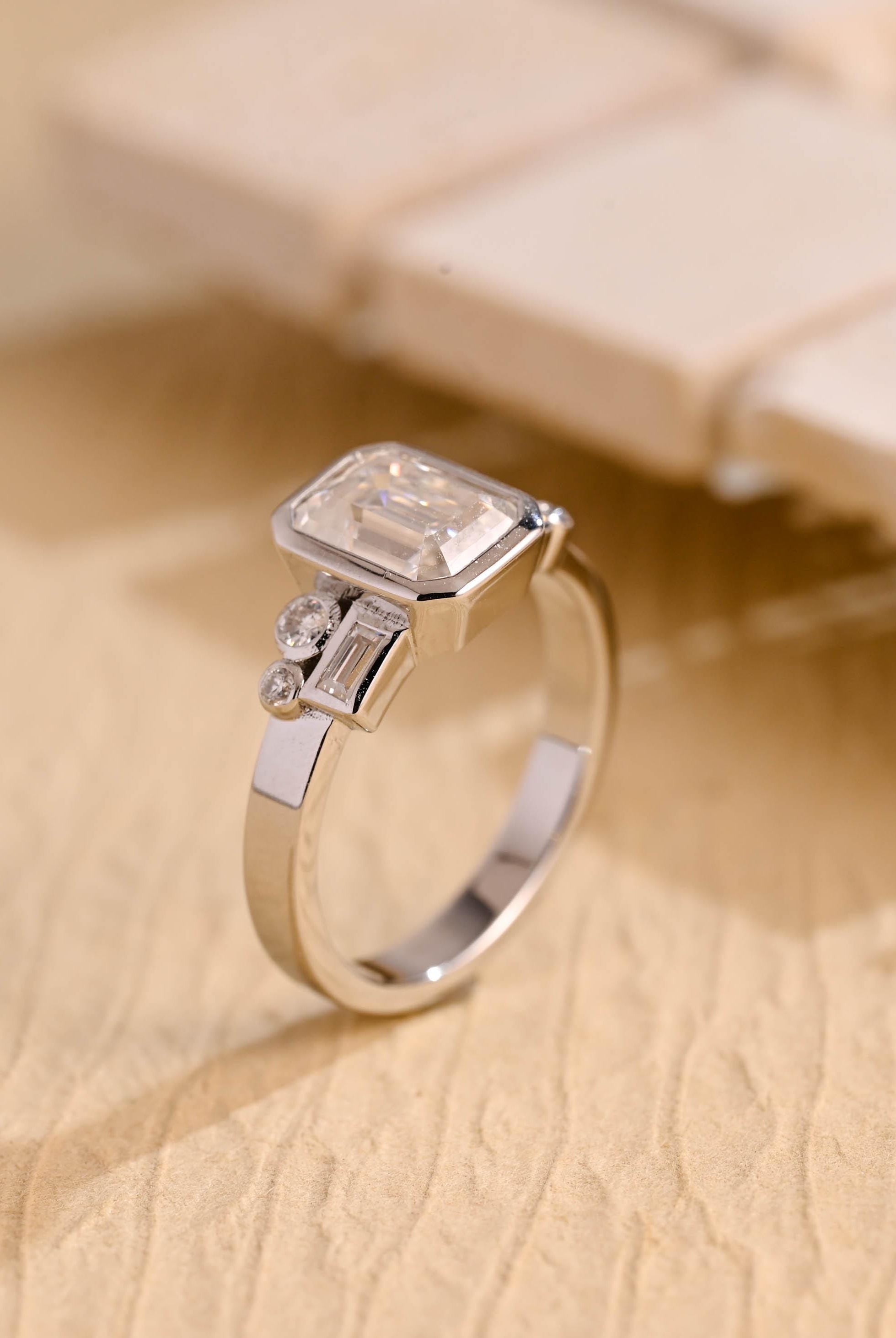 Elegant Emerald Cut Bezel Cluster Moissanite Engagement Ring