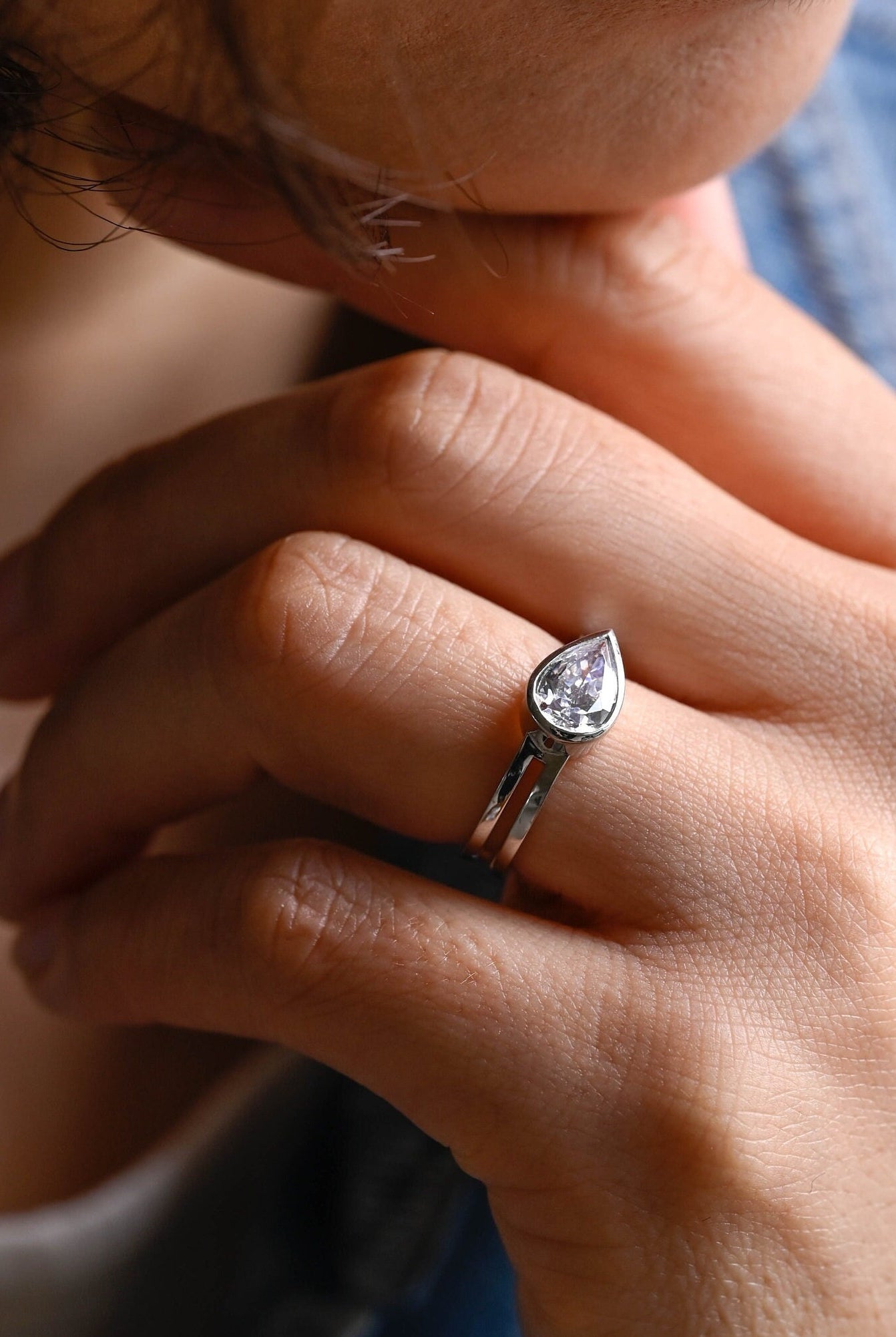 US luxury pear bezel solitaire engagement ring