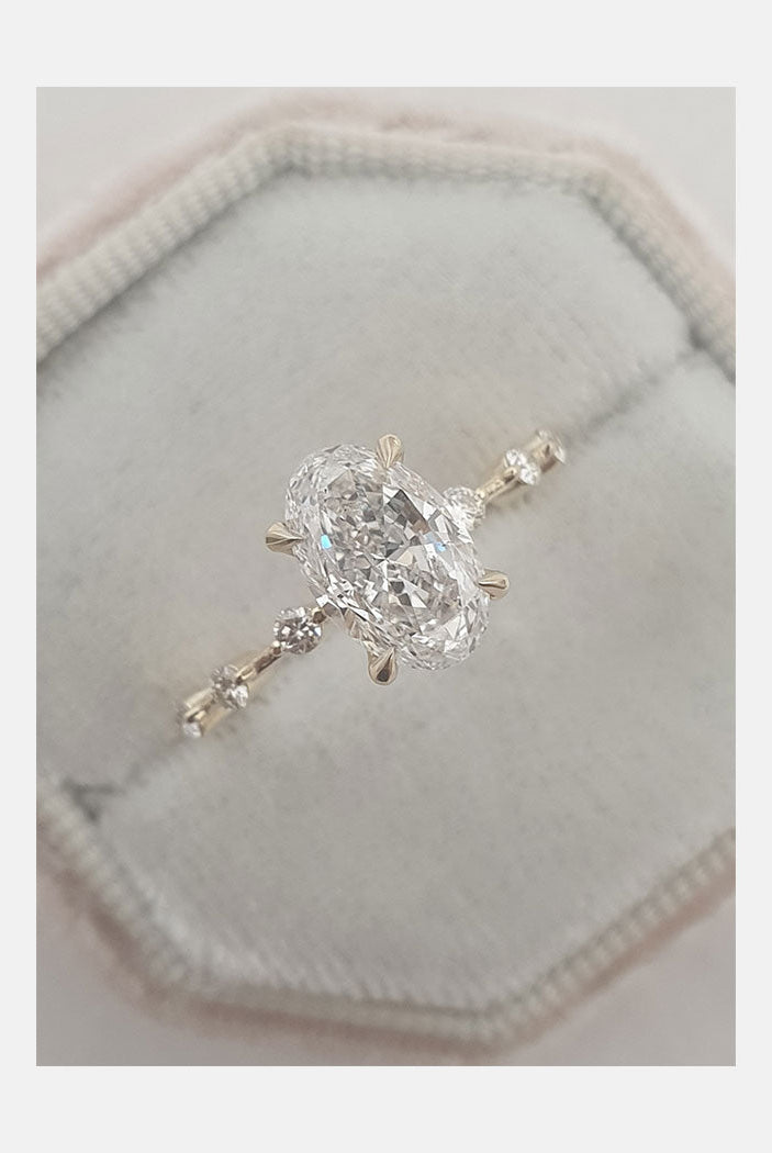 1.50ct Elongated Oval Four Prong Moissanite Diamond Petite Pave Engagement Ring