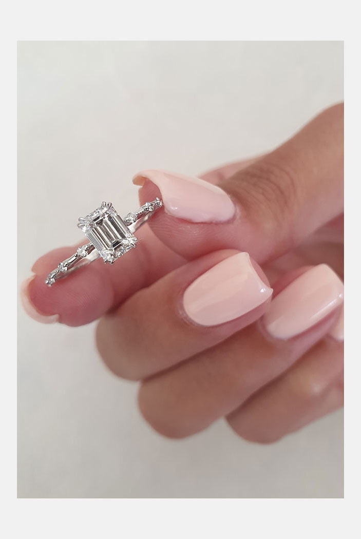 1.0ct Emerald Cut Petite Pave Moissanite Diamond Engagement Ring In Solid Gold