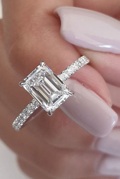 1.5ct Emerald Cut Pave Moissanite Diamond Hidden Halo Engagement Ring