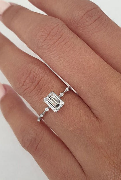 1.0ct Emerald Cut Petite Pave Moissanite Diamond Engagement Ring In Solid Gold