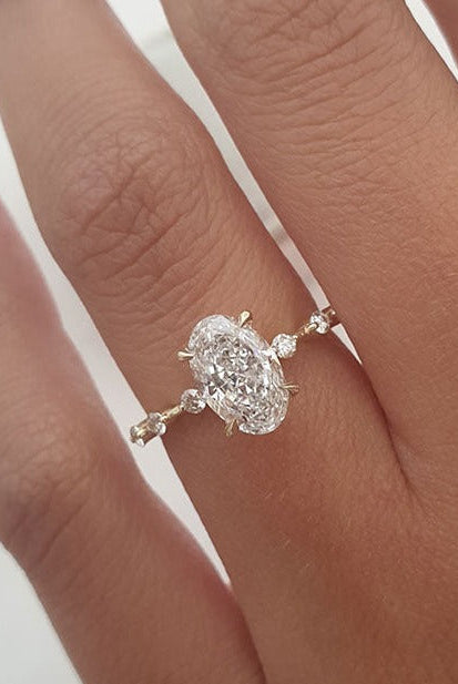 1.50ct Elongated Oval Four Prong Moissanite Diamond Petite Pave Engagement Ring