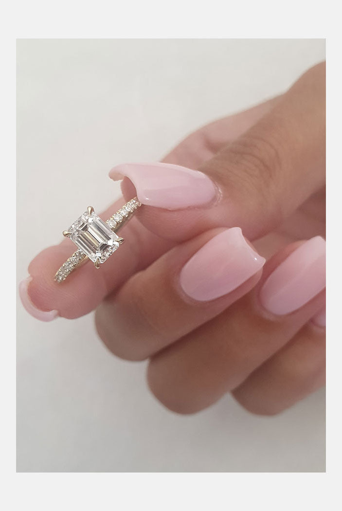 1.5ct Emerald Cut Pave Moissanite Diamond Hidden Halo Engagement Ring