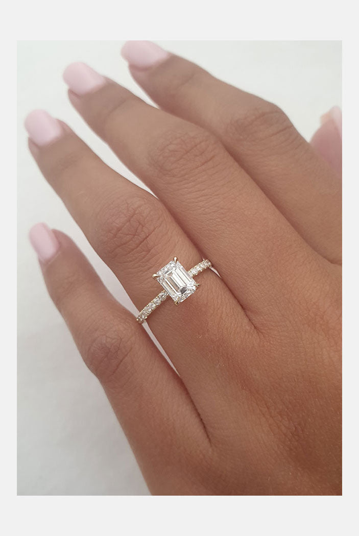 1.5ct Emerald Cut Pave Moissanite Diamond Hidden Halo Engagement Ring