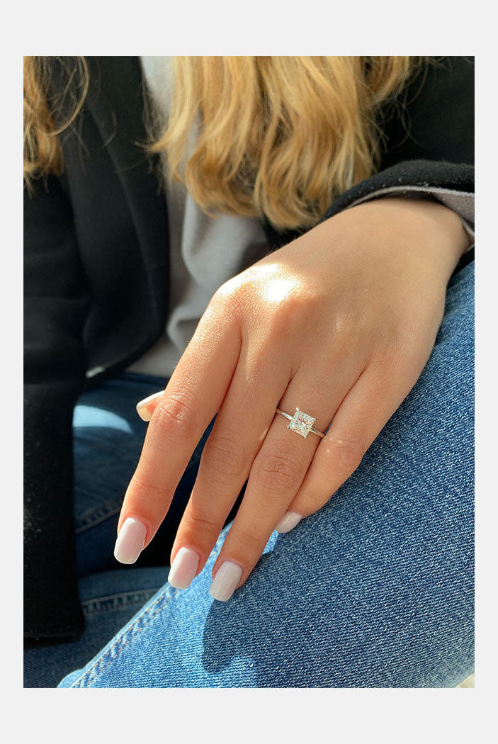 1.0ct Princess Cut Hidden Halo Moissanite Diamond Solitaire Engagement Ring
