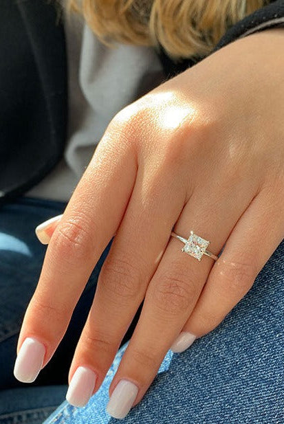 1.0ct Princess Cut Hidden Halo Moissanite Diamond Solitaire Engagement Ring