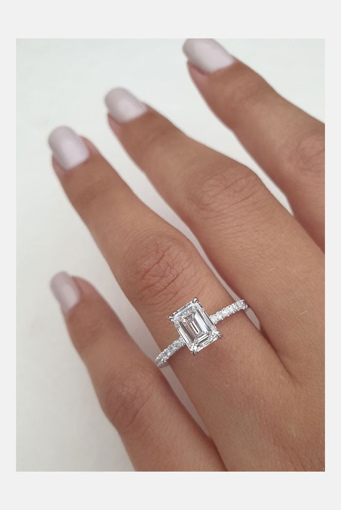1.5ct Emerald Cut Pave Moissanite Diamond Hidden Halo Engagement Ring