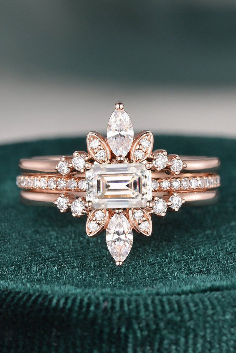 emerald-cut-solitaire-pave-setting-moissanite-bridal-ring-set