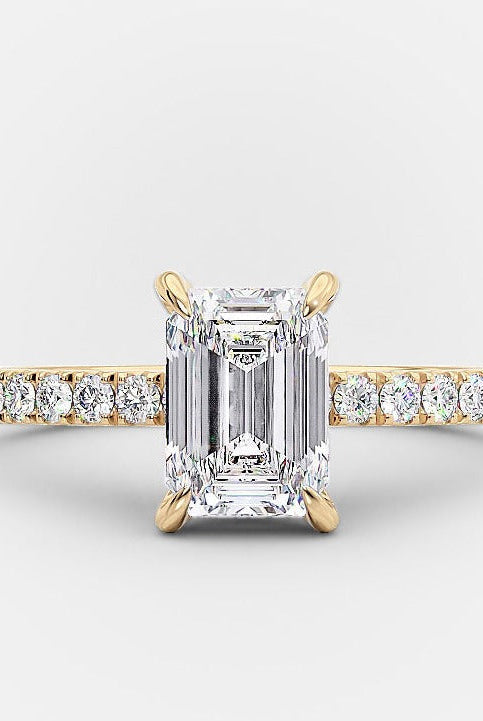 1.5ct Emerald Cut Pave Moissanite Diamond Hidden Halo Engagement Ring