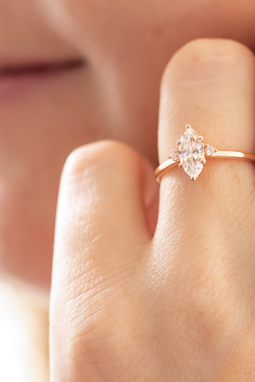 1.0CT Marquise Three Stone Moissanite Diamond Six Prong Engagement Ring