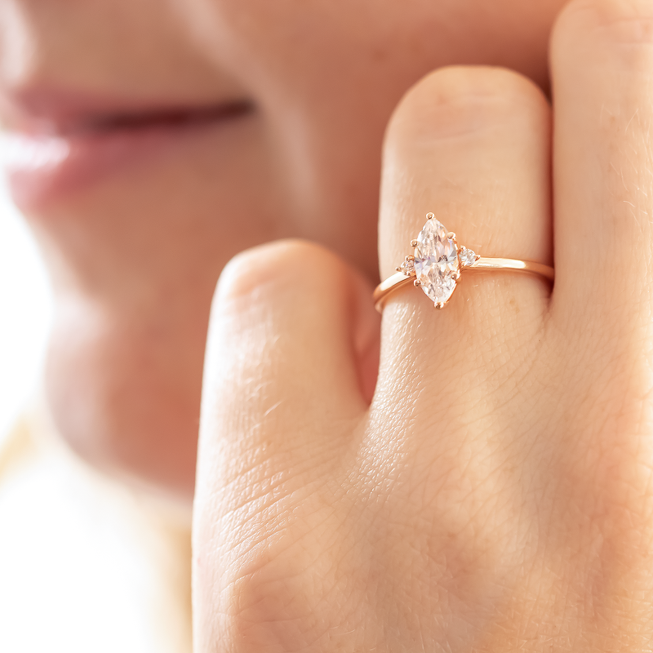 1.0CT Marquise Three Stone Moissanite Diamond Six Prong Engagement Ring