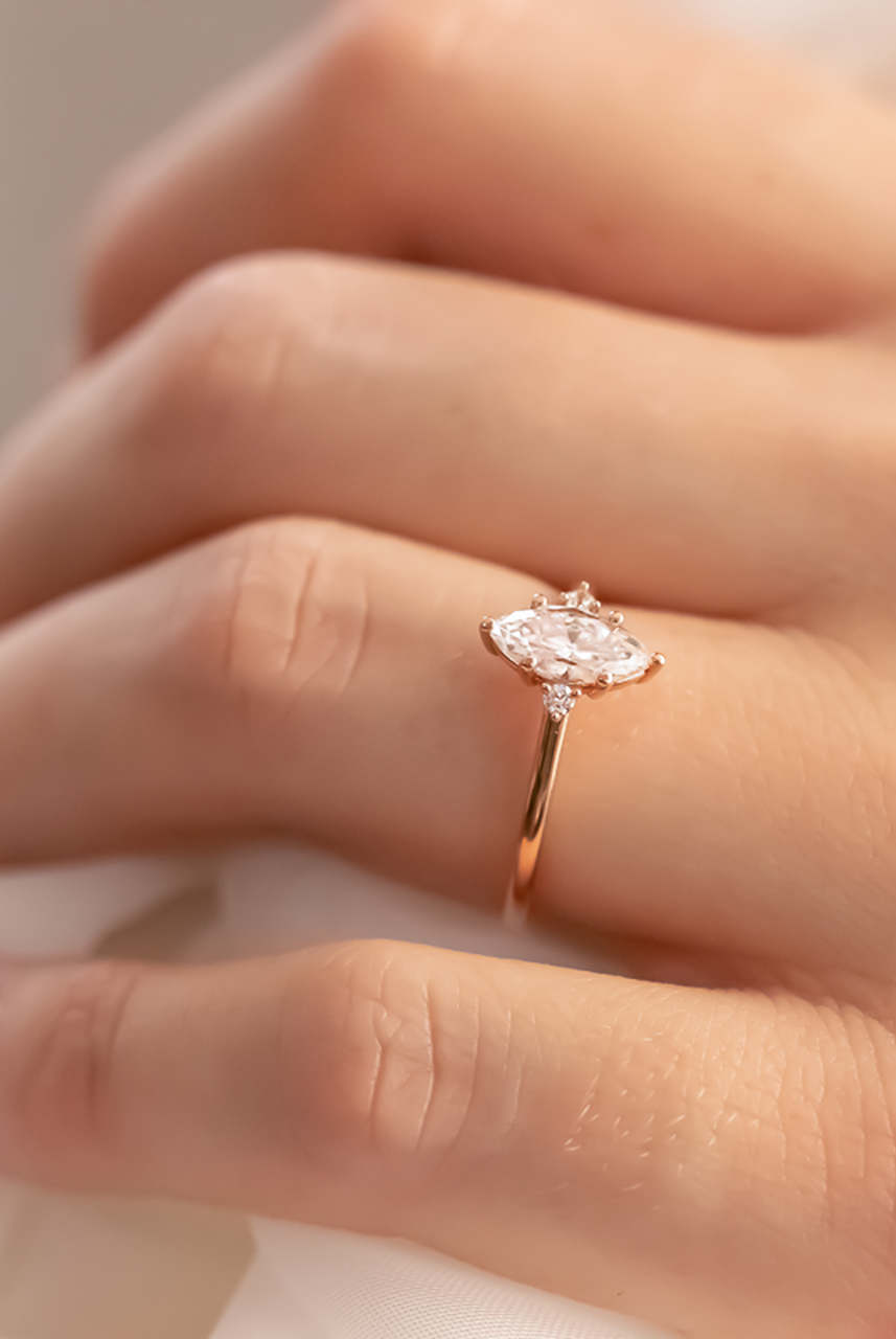 1.0CT Marquise Three Stone Moissanite Diamond Six Prong Engagement Ring