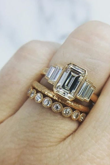 0.92CT Bezel Set Emerald Cut Moissanite Diamond Five Stone Engagement Ring