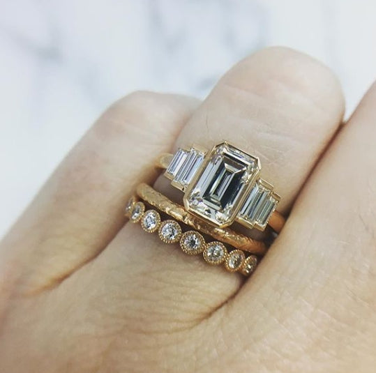 0.92CT Bezel Set Emerald Cut Moissanite Diamond Five Stone Engagement Ring