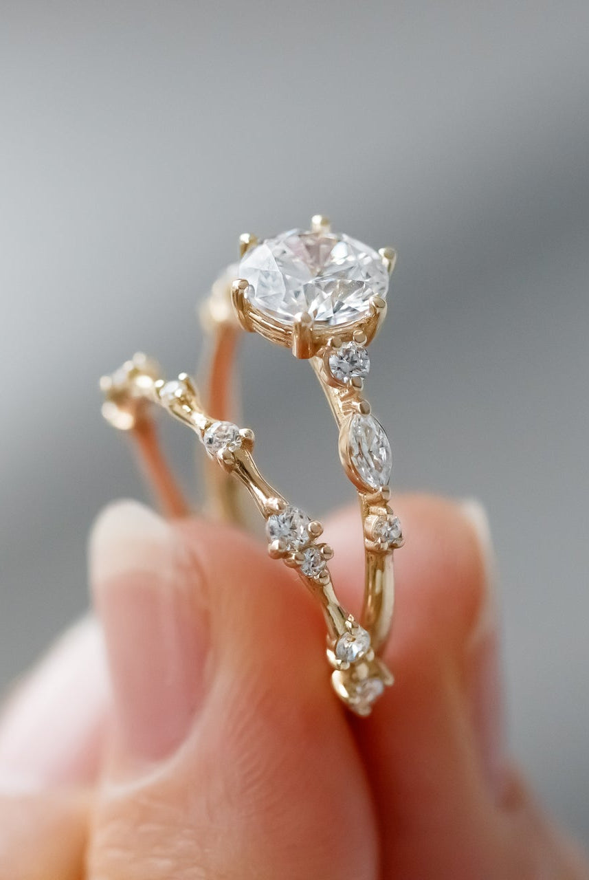 1.35CT Round Pave Moissanite Diamond Six Prong Engagement Ring In Solid Gold