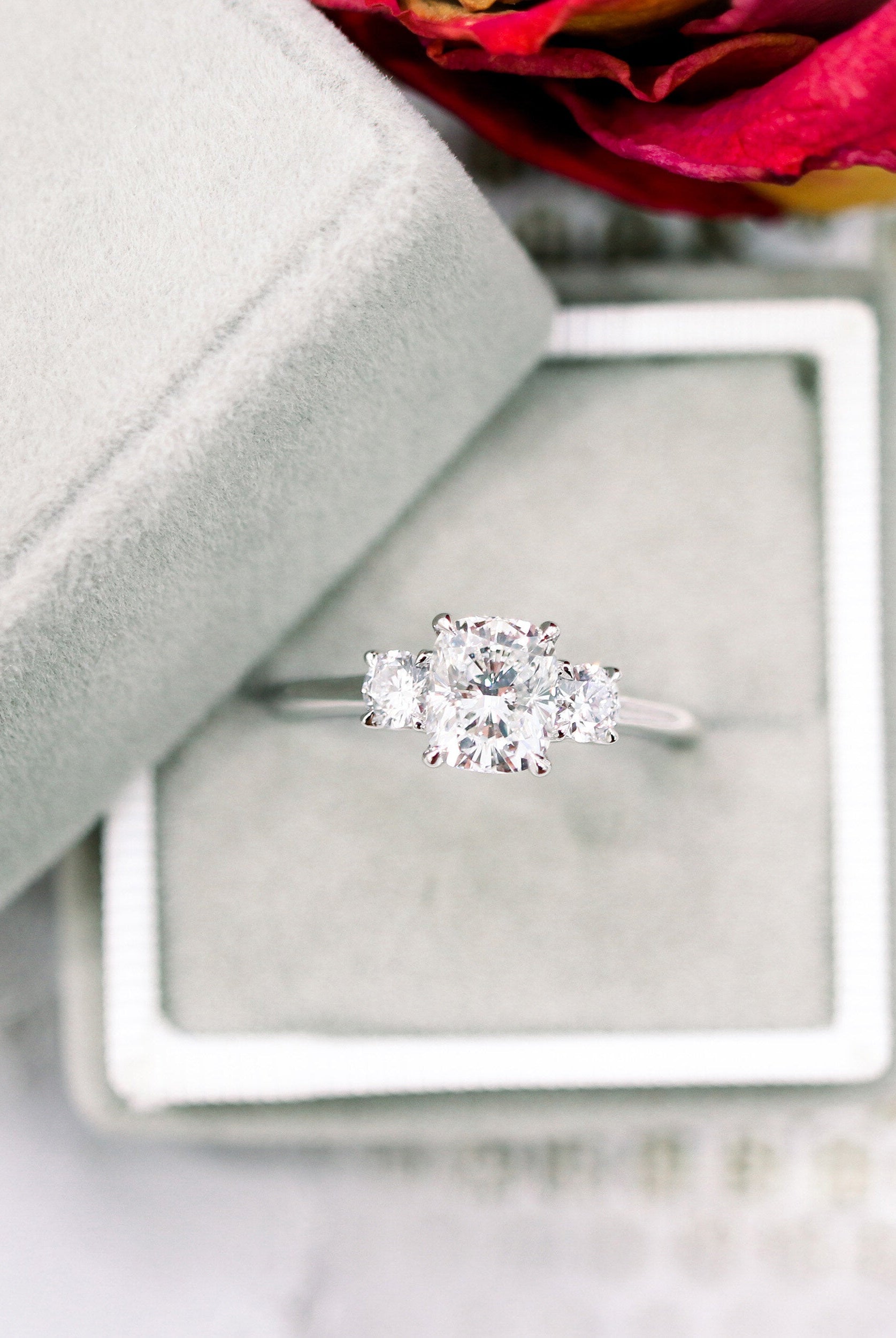2.50CT Elongated Cushion Three Stone Moissanite Diamond Engagement Ring