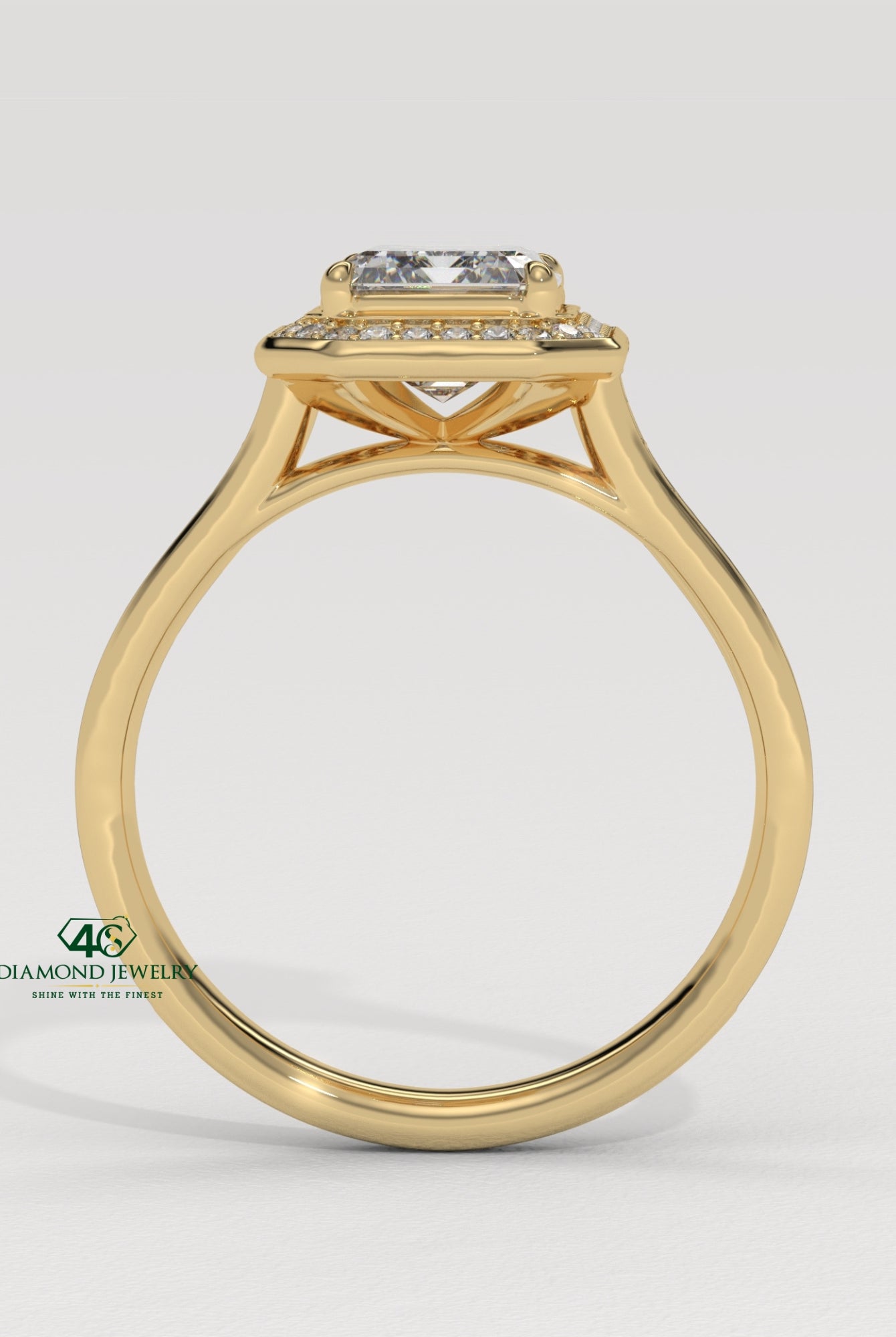 emerald cut diamond gold band, emerald cut prong setting, emerald diamond with side stones