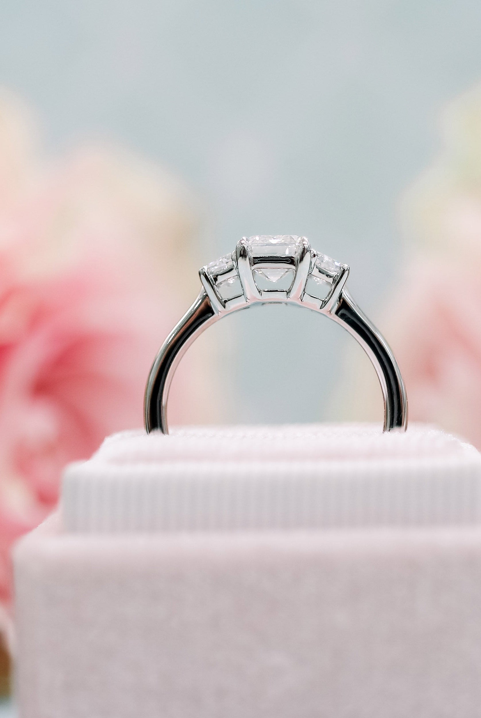 2.75CT Emerald Cut Three Stone Moissanite Diamond Cathedral Set Engagement Ring For Women