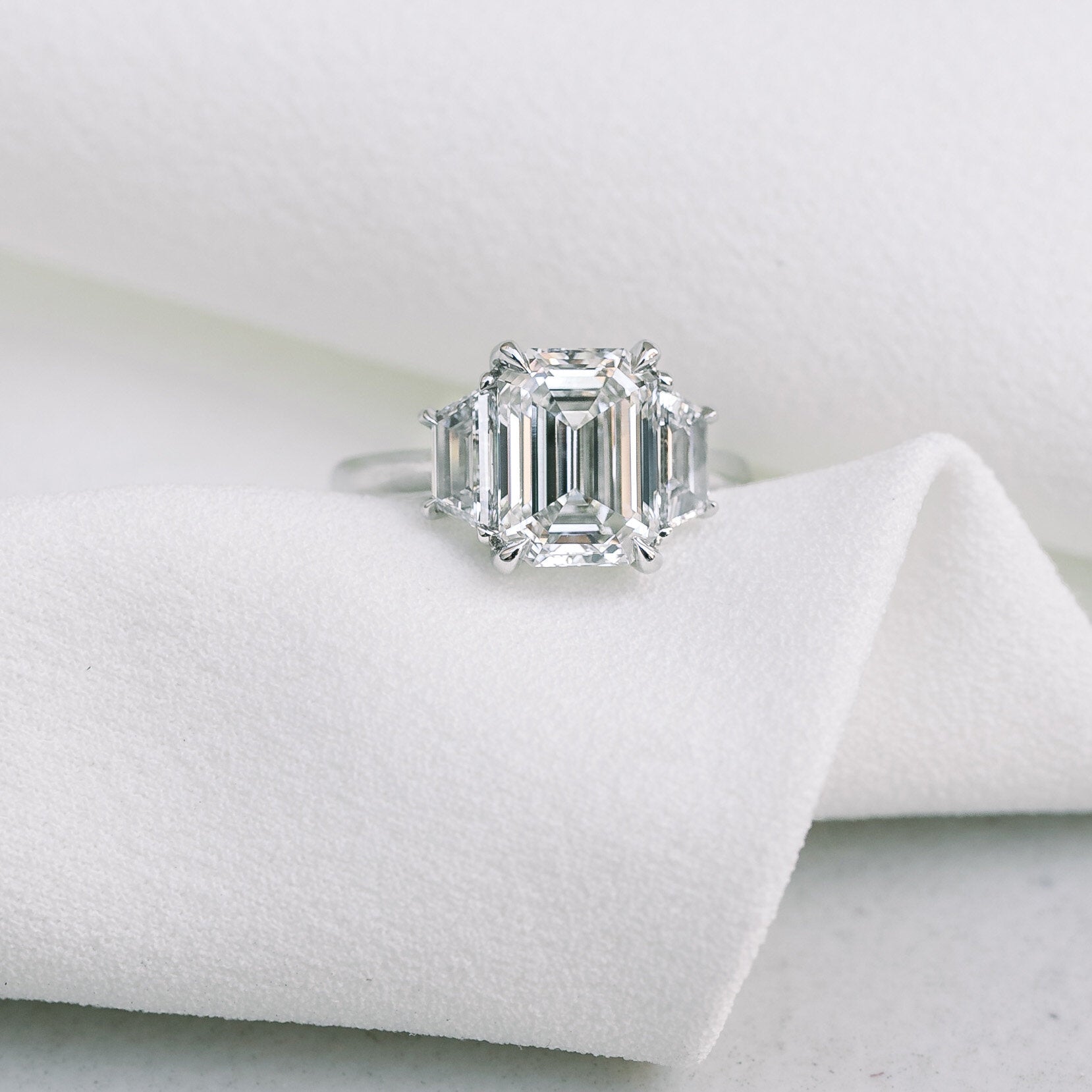 2.75CT Emerald Cut Three Stone Moissanite Diamond Cathedral Set Engagement Ring For Women