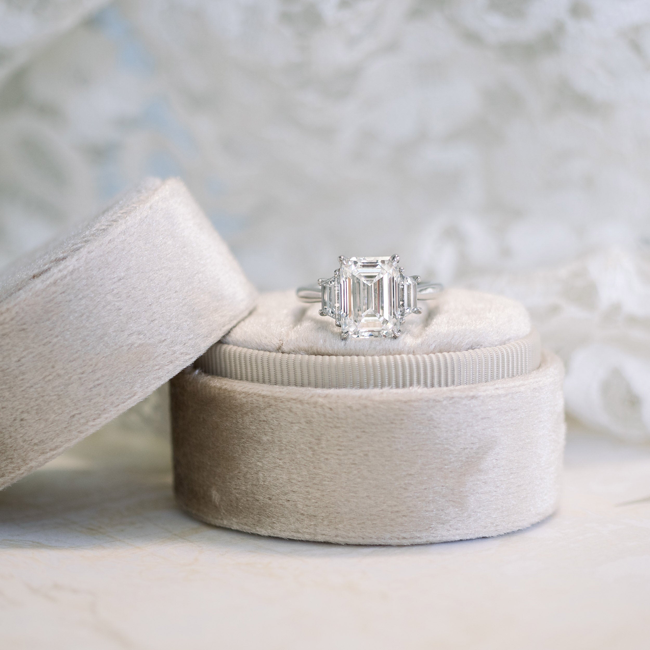 2.75CT Emerald Cut Three Stone Moissanite Diamond Cathedral Set Engagement Ring For Women