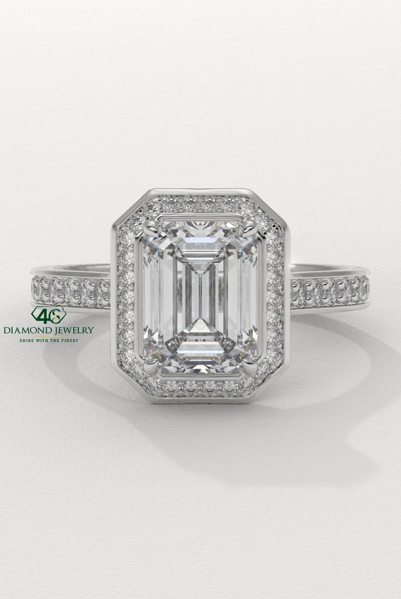 emerald three stone ring, emerald diamond ring setting, classic emerald cut ring, emerald cut twisted band,