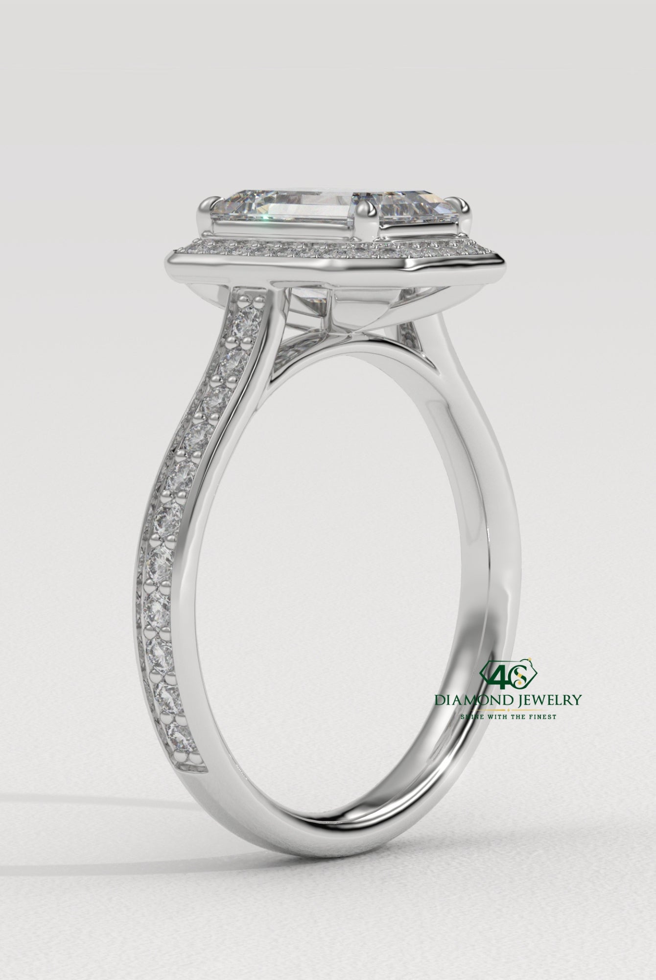 old emerald diamond ring, fancy emerald engagement ring, emerald cut with baguette accents