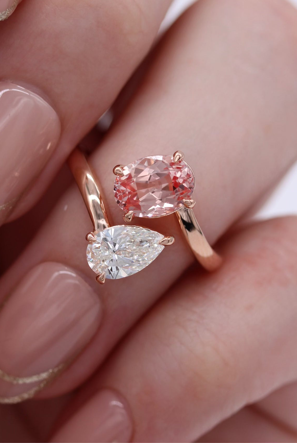 1.77ct Pink Oval & Pear Two Stone Moissanite Diamond Open Engagement Ring For Women