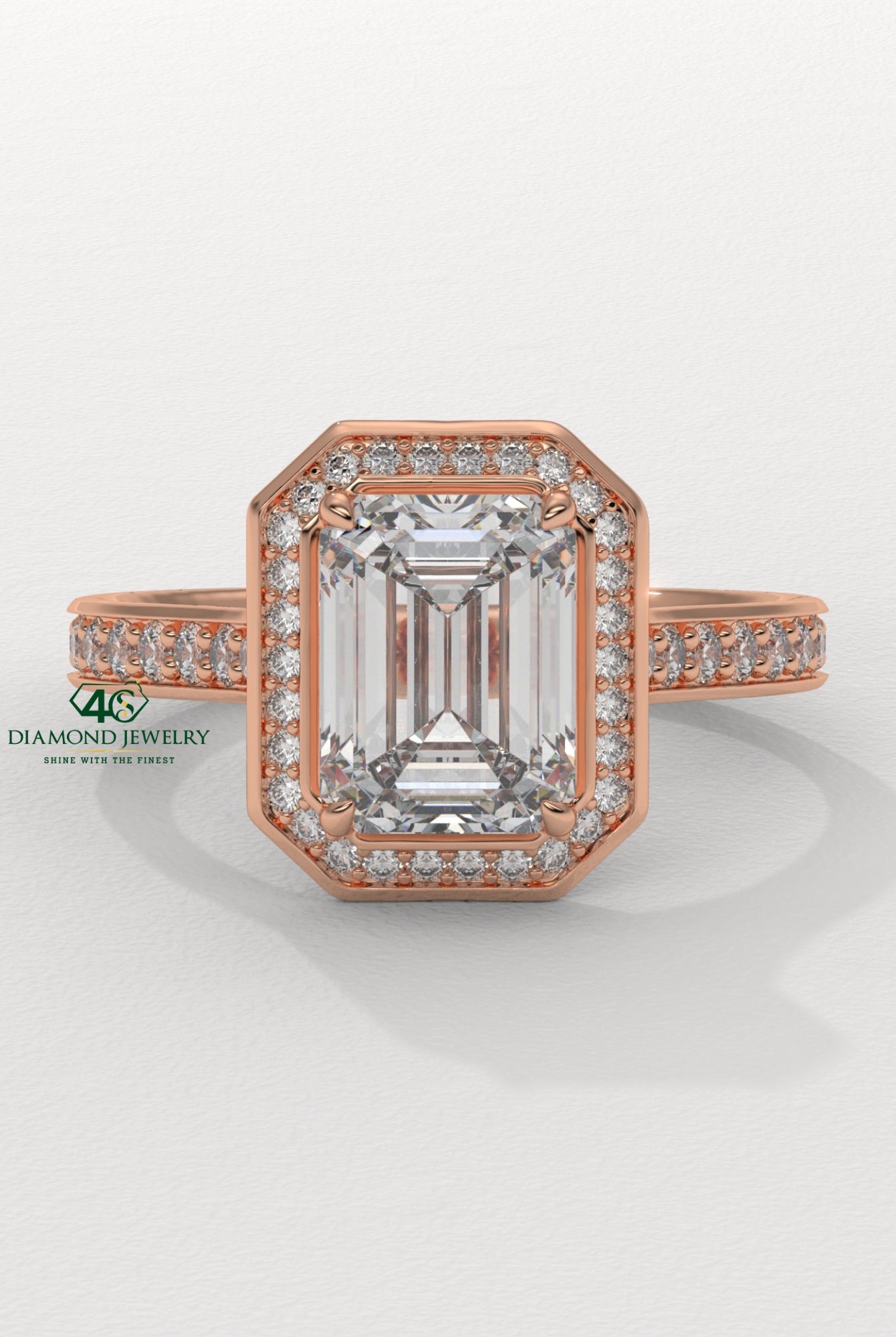 rose gold emerald engagement ring, vintage emerald cut ring, emerald cut halo diamond ring, emerald diamond solitaire ring