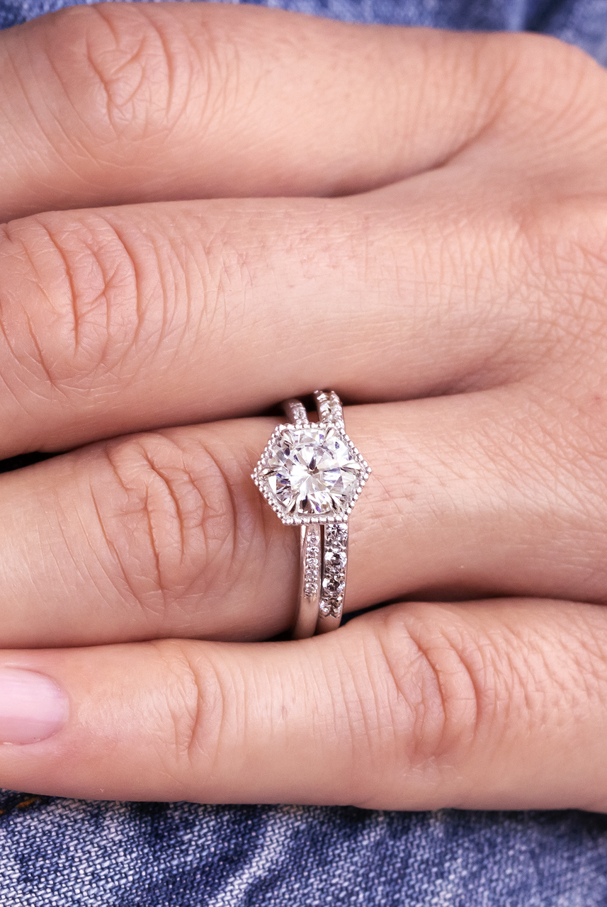 1.20CT Cathedral Set Round Moissanite Diamond Hexagonal Shaped Engagement Ring