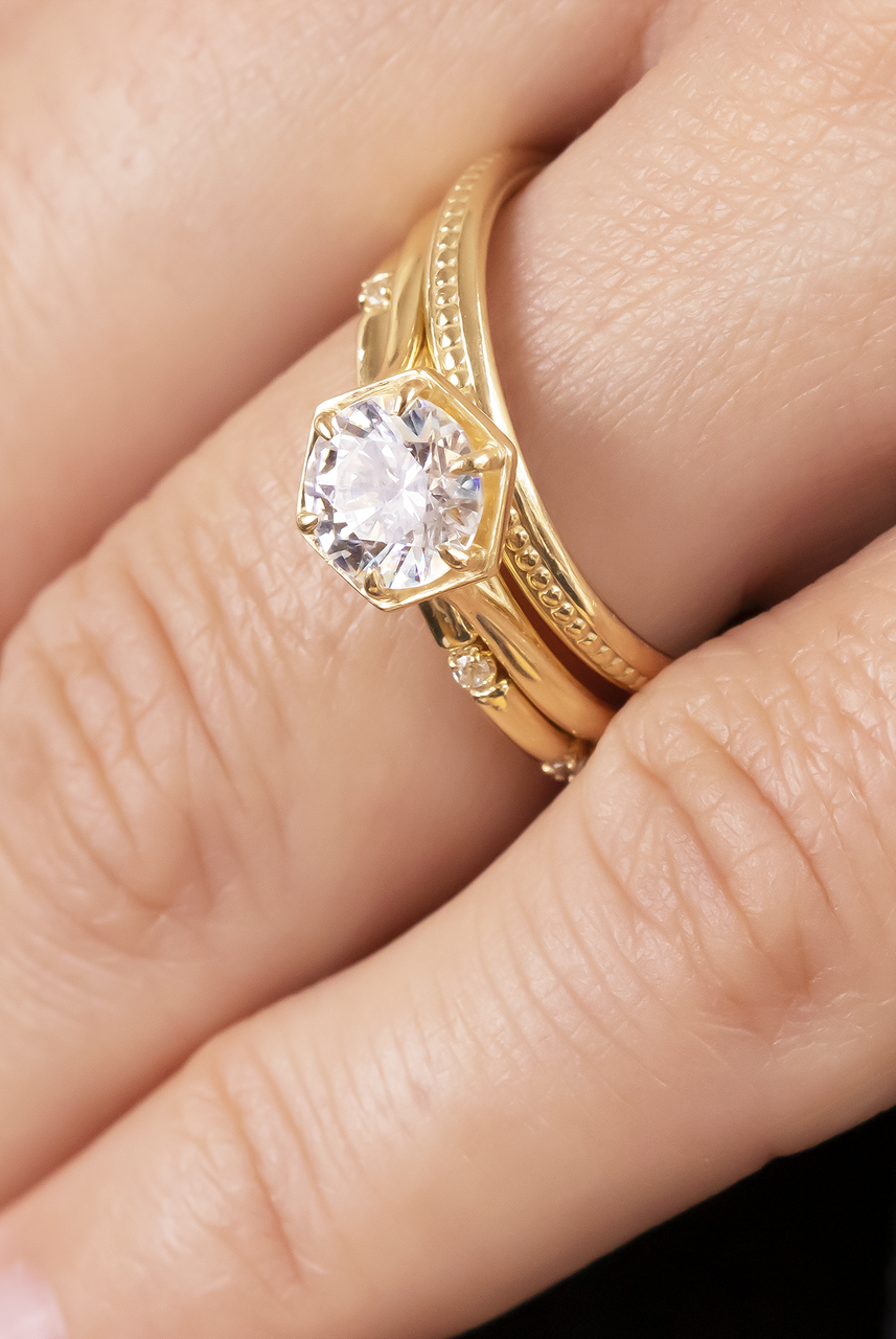 1.0CT Round Hexagon Shape Moissanite Diamond Solitaire Engagement Ring