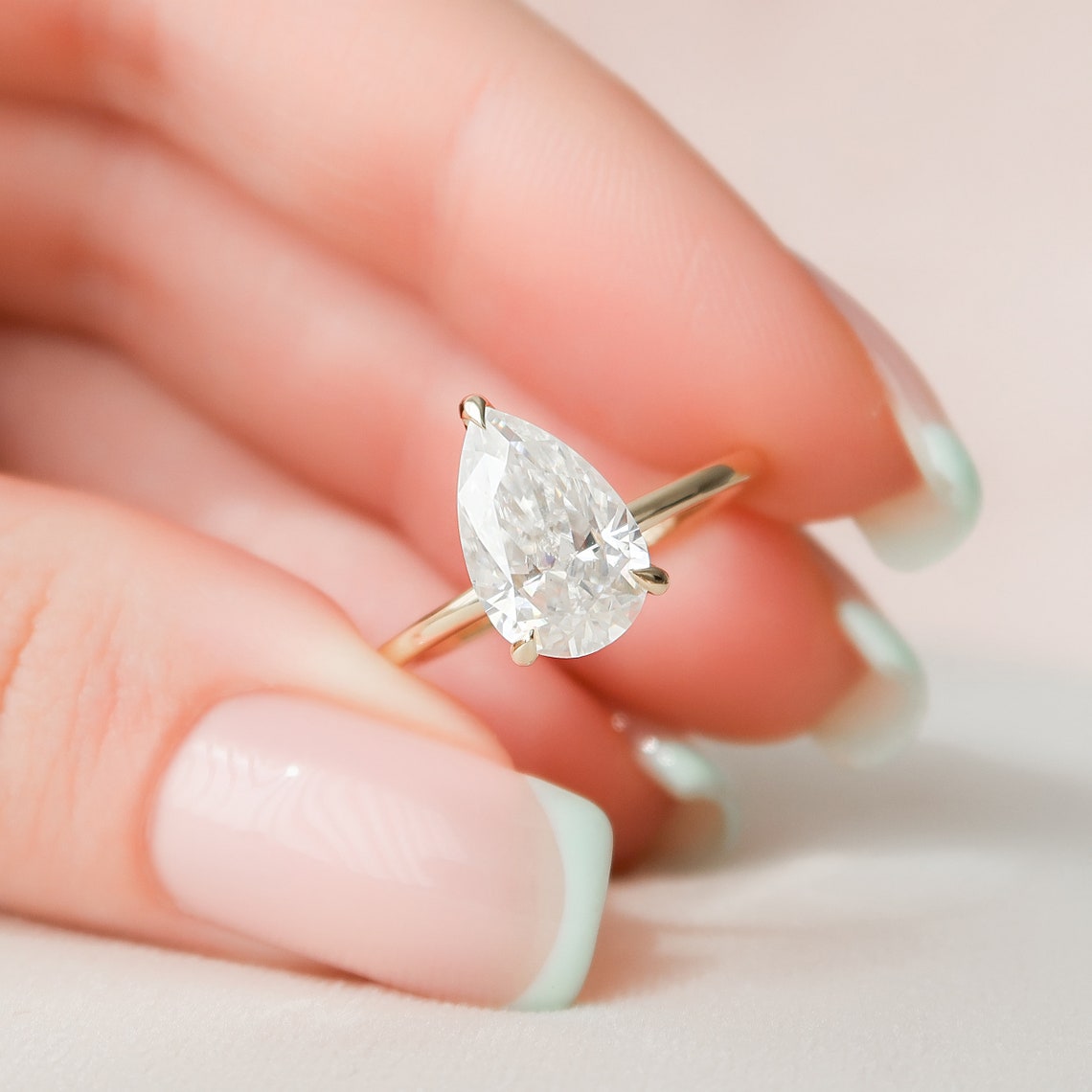 2.50CT Pear Three Prong Moissanite Diamond Hidden Halo Engagement Ring