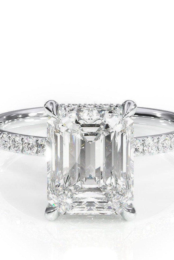 2.50CT Emerald Cut Hidden Halo Moissanite Diamond Pave Engagement Ring