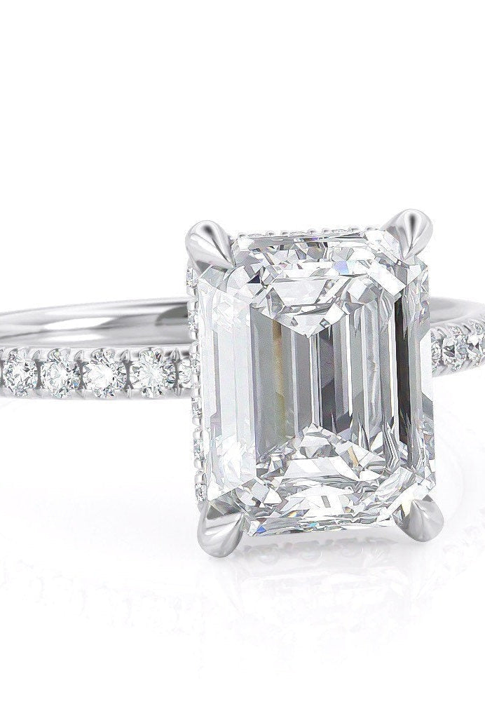 2.50CT Emerald Cut Hidden Halo Moissanite Diamond Pave Engagement Ring