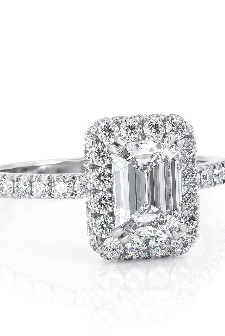 1.0CT Emerald Cut Hidden Halo Moissanite Diamond Pave Engagement Ring