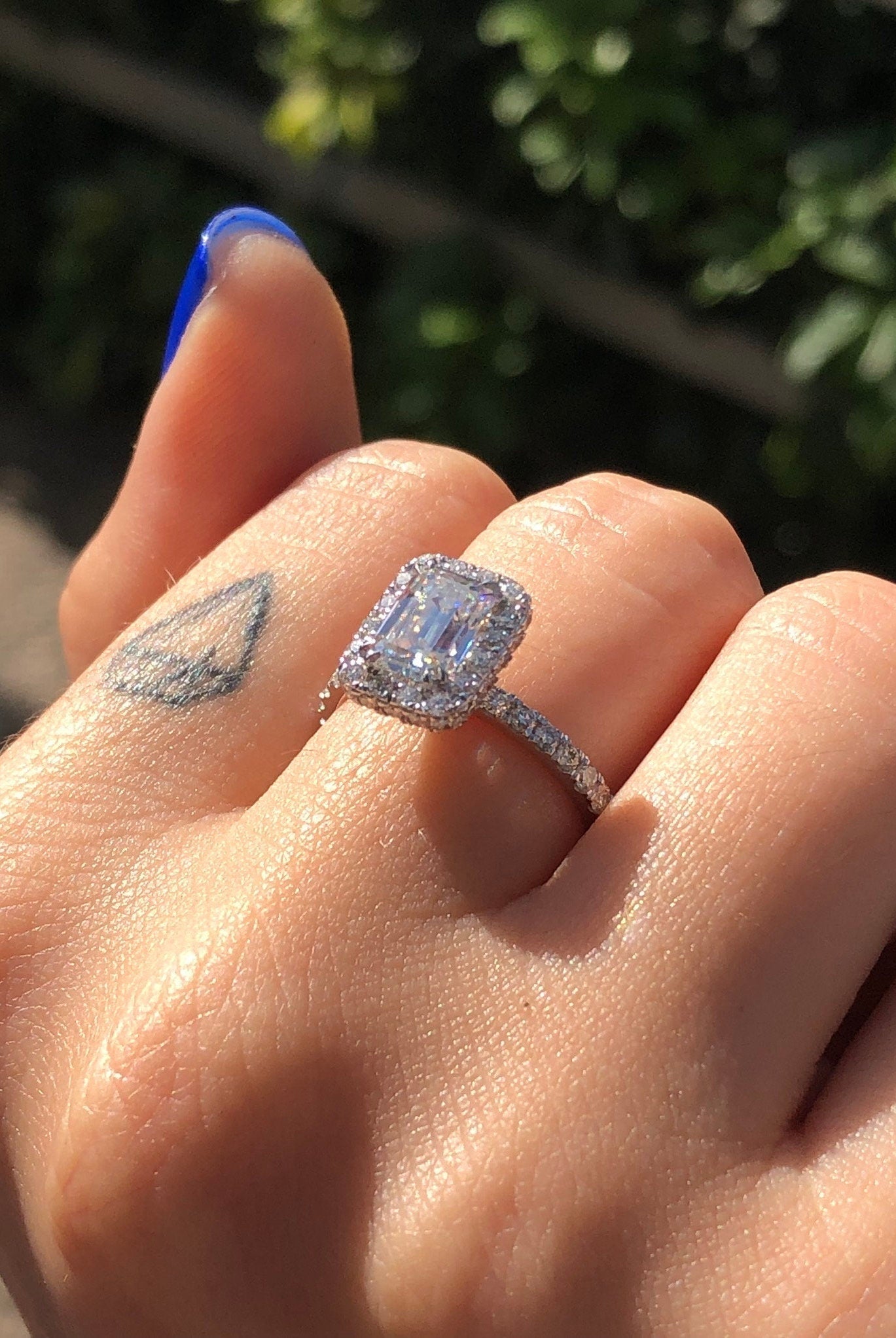 1.0CT Emerald Cut Hidden Halo Moissanite Diamond Pave Engagement Ring