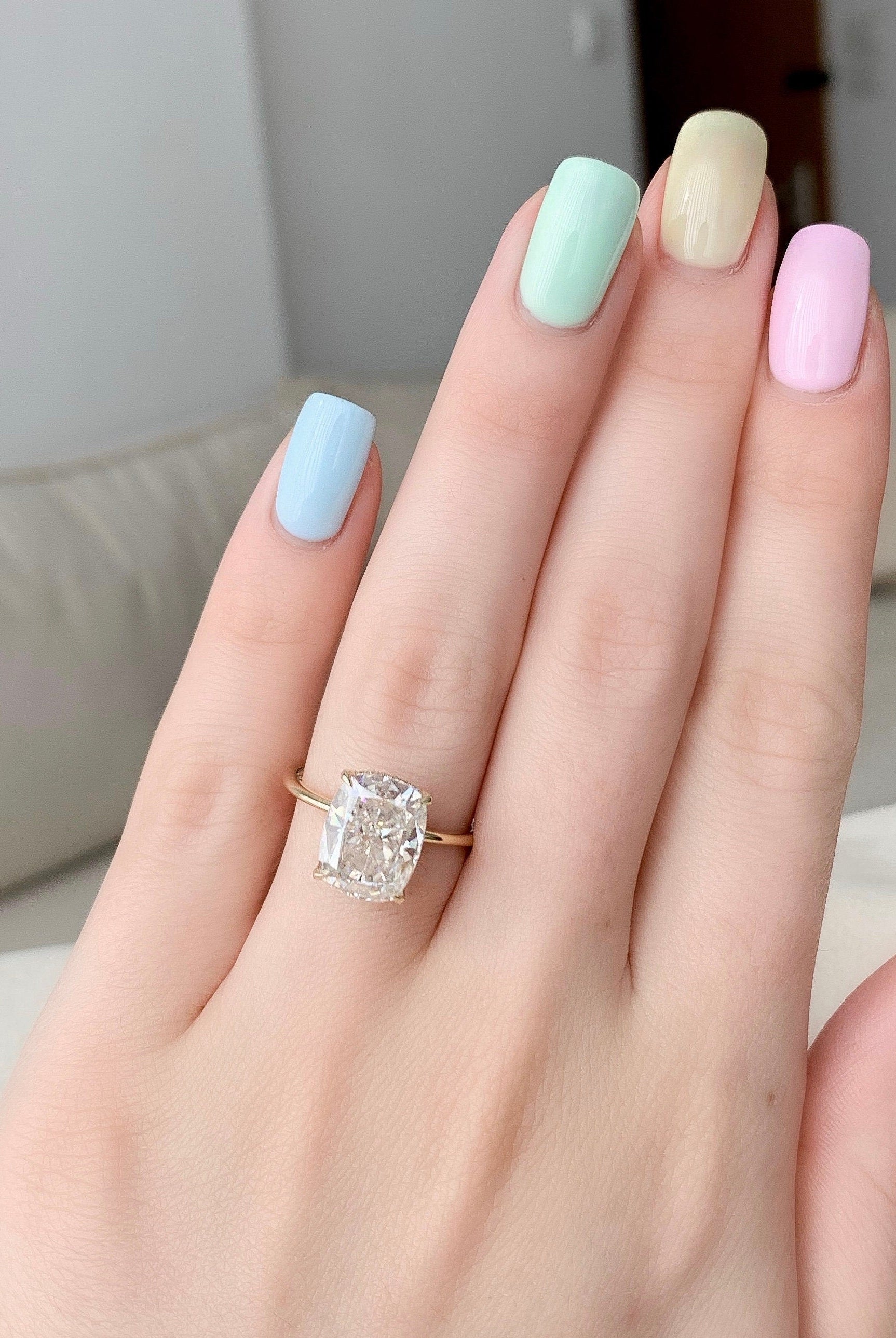 6.0CT Elongated Cushion Hidden Halo Moissanite Diamond Solitaire Engagement Ring