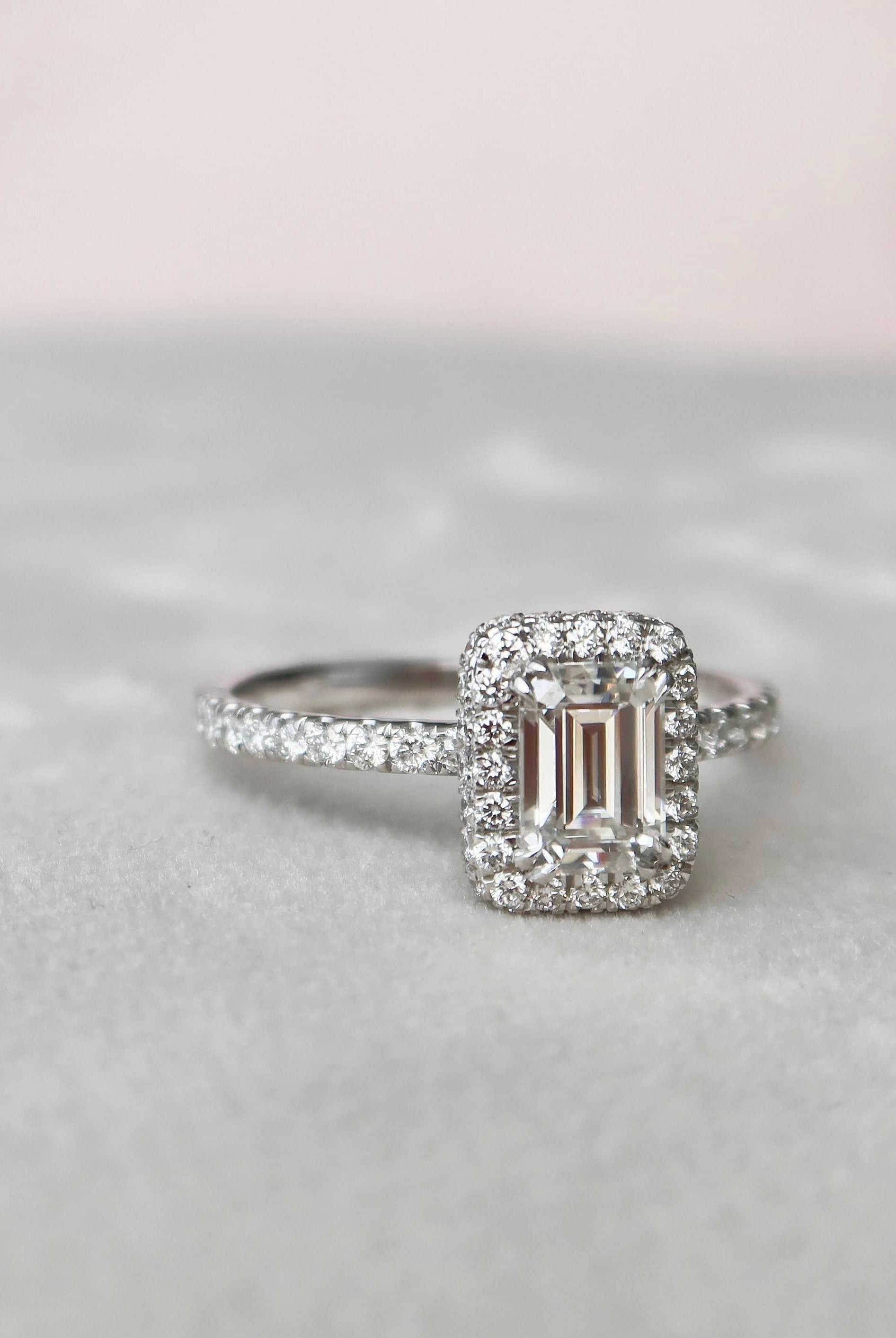 1.0CT Emerald Cut Hidden Halo Moissanite Diamond Pave Engagement Ring