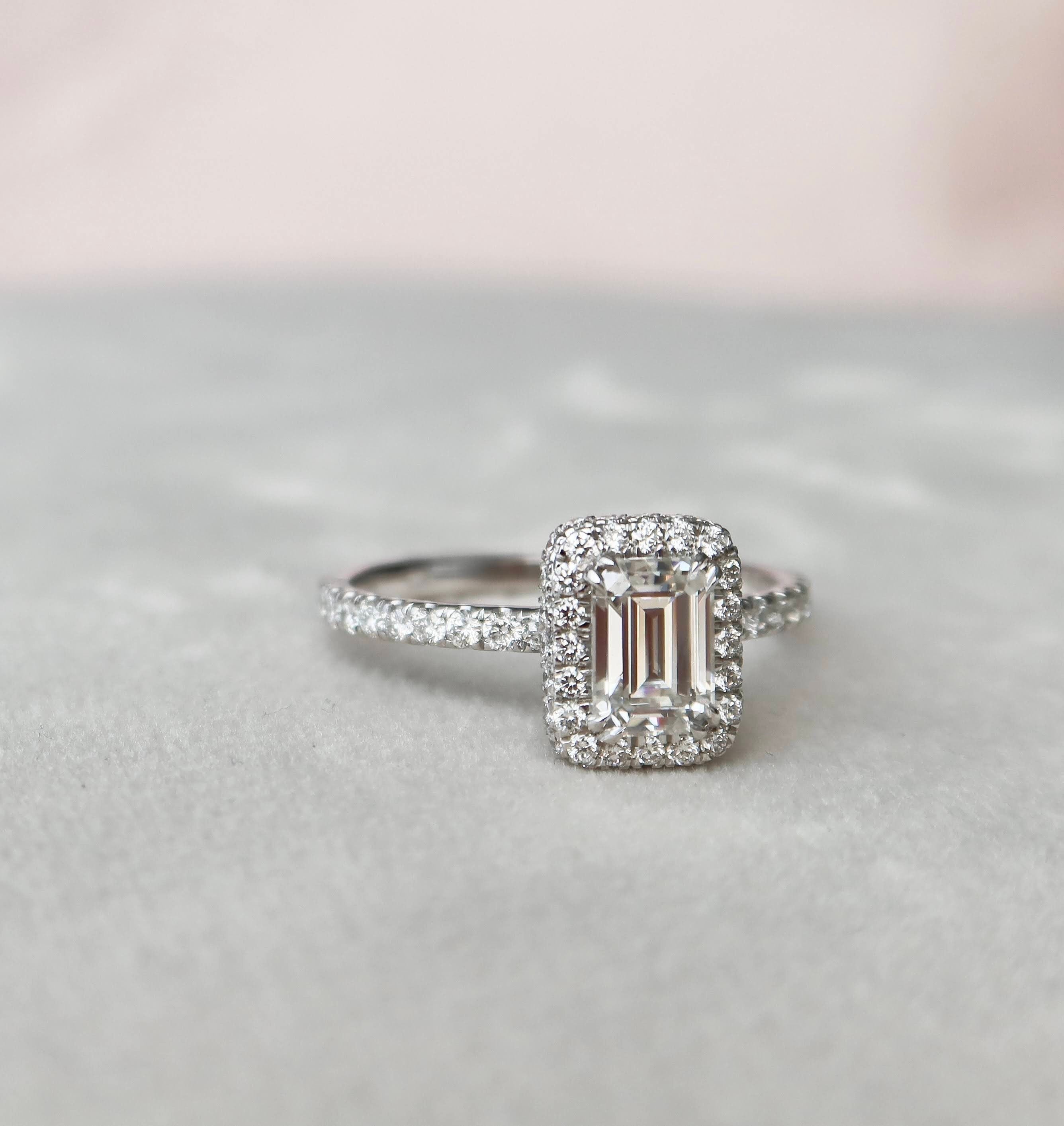1.0CT Emerald Cut Hidden Halo Moissanite Diamond Pave Engagement Ring