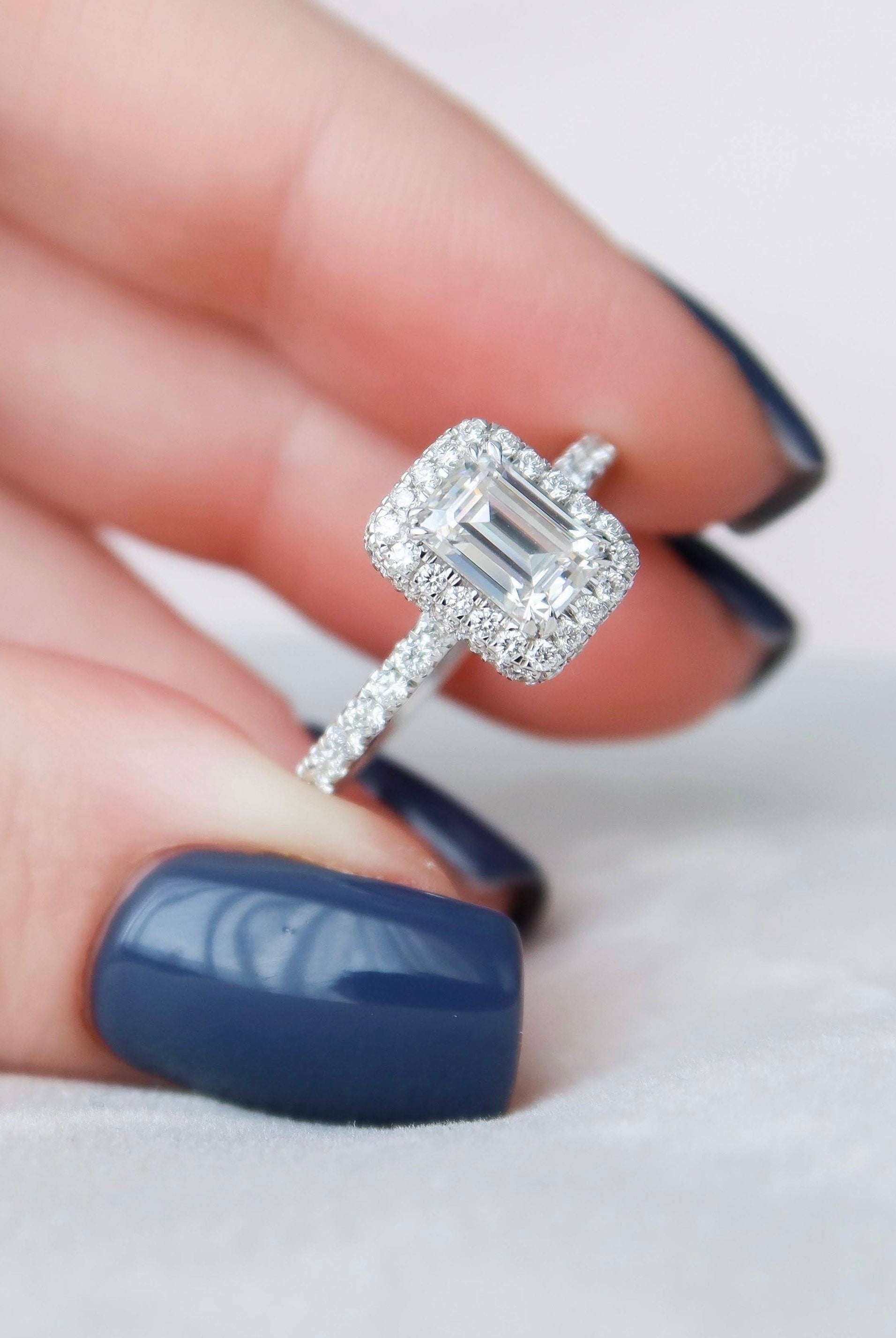 1.0CT Emerald Cut Hidden Halo Moissanite Diamond Pave Engagement Ring