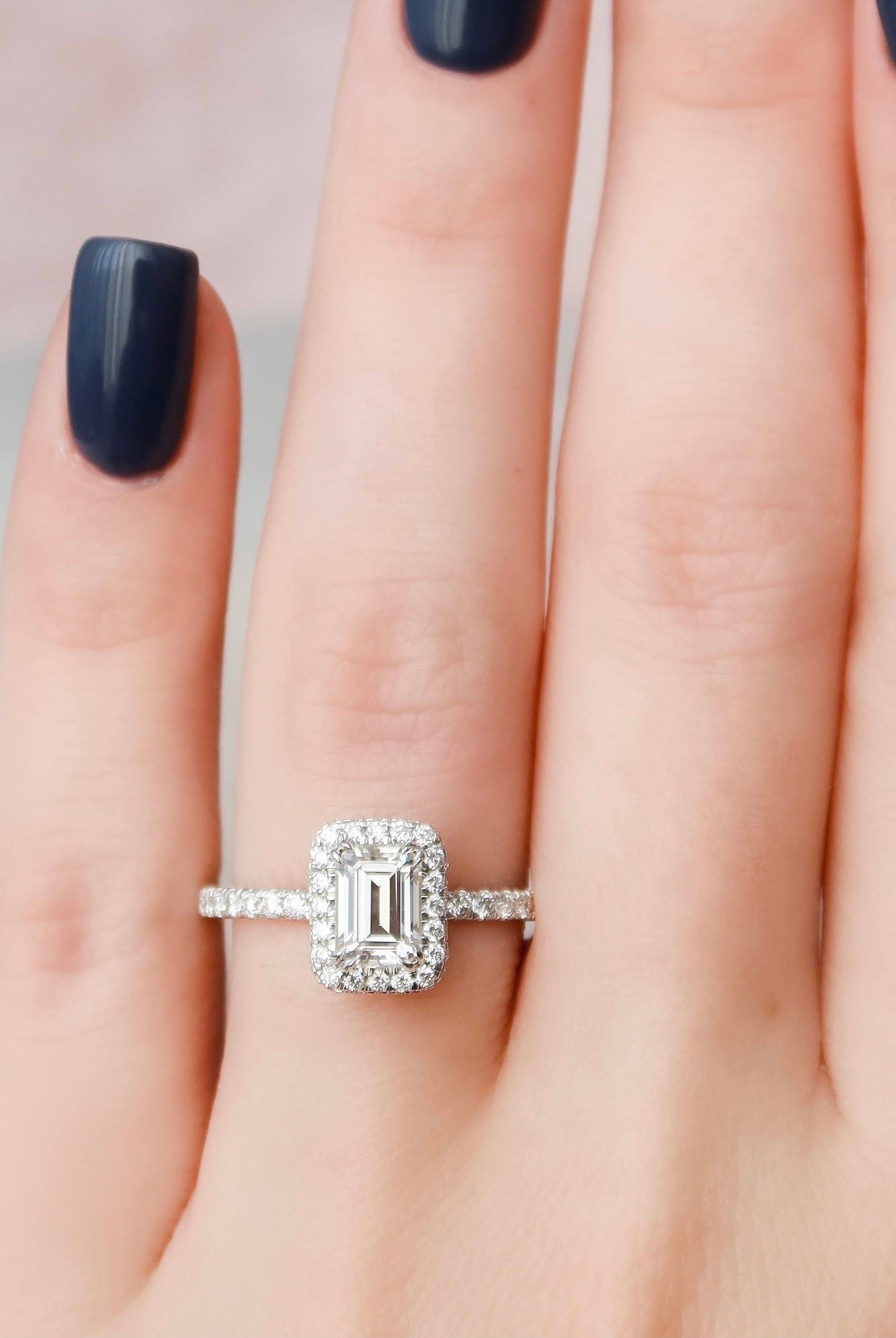 1.0CT Emerald Cut Hidden Halo Moissanite Diamond Pave Engagement Ring