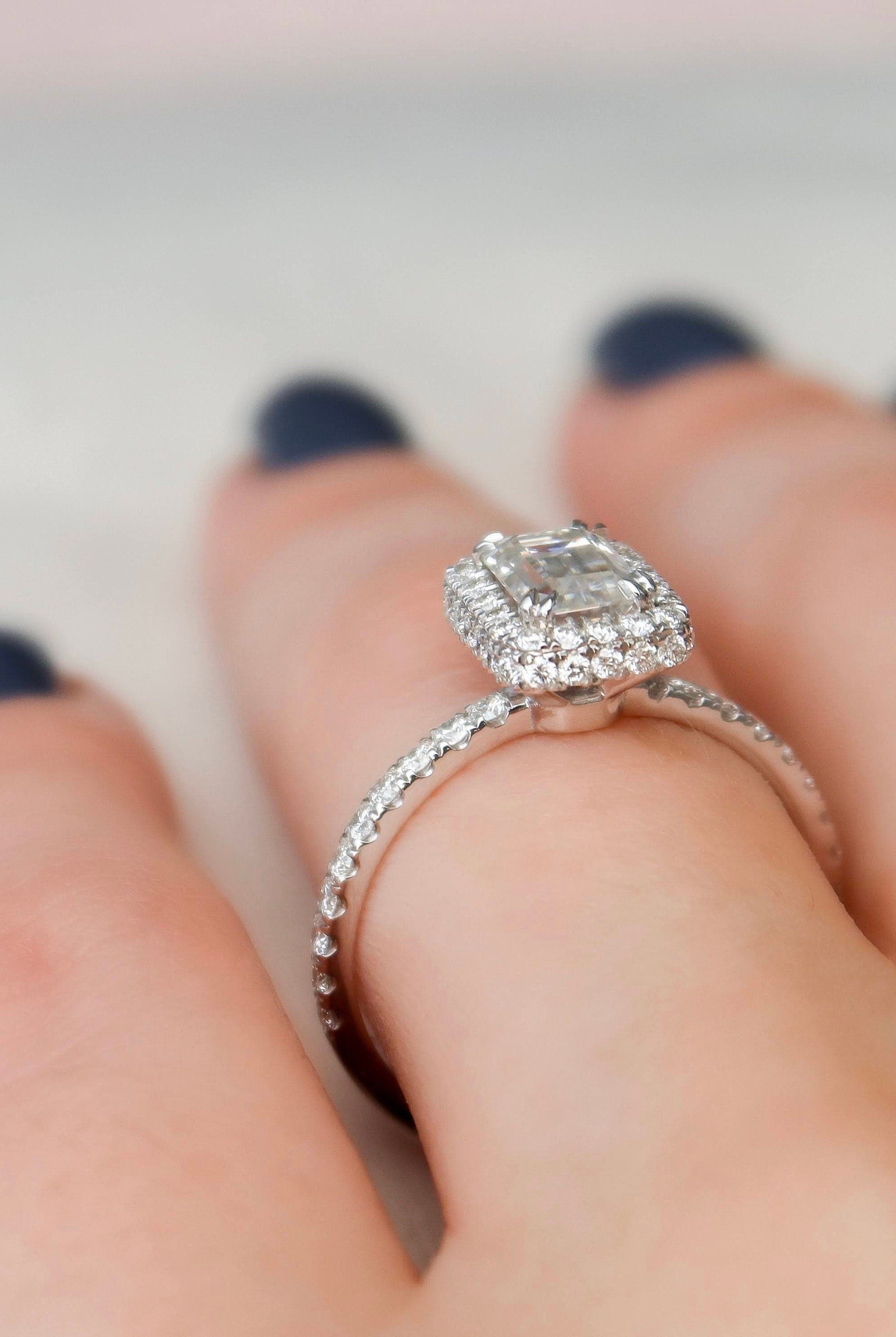 1.0CT Emerald Cut Hidden Halo Moissanite Diamond Pave Engagement Ring