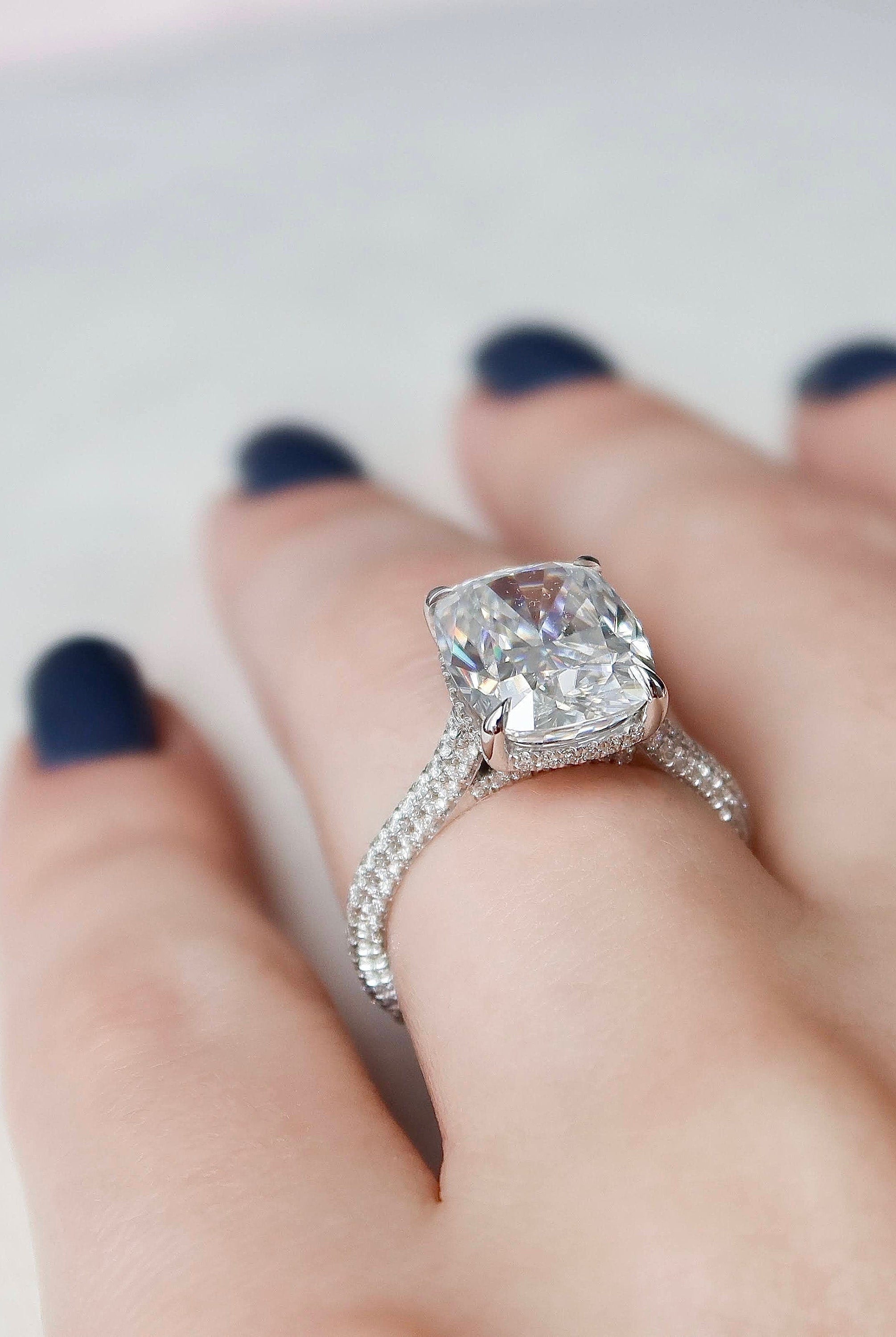 6.0CT Cathedral Set Elongated Cushion Moissanite Diamond Hidden Halo Engagement Ring