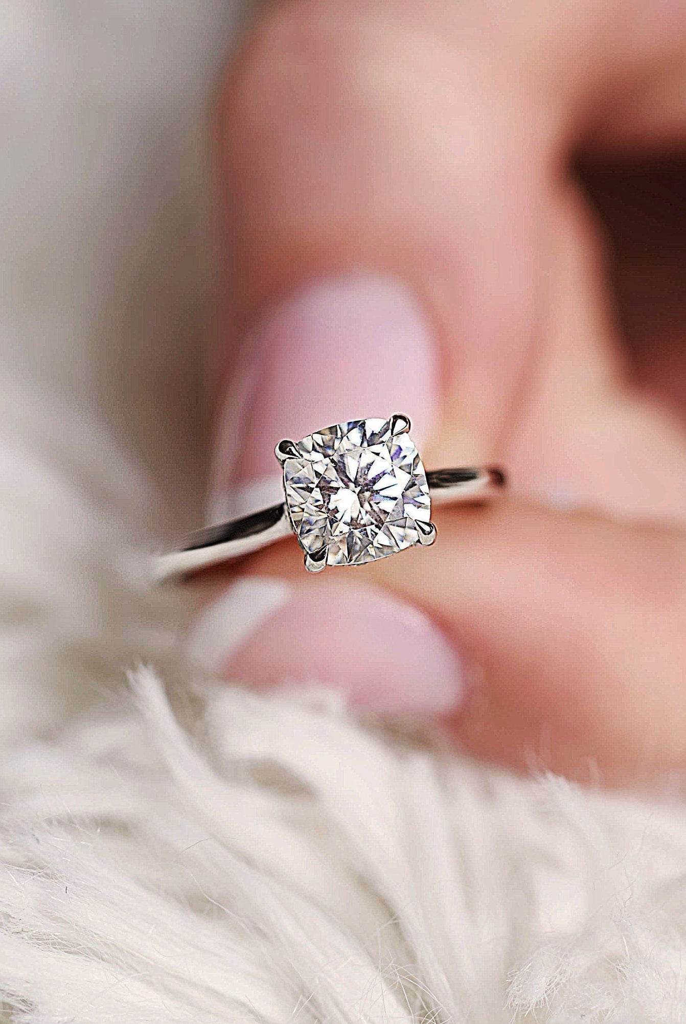 2.0CT Cushion Hidden Halo Moissanite Diamond Solitaire Engagement Ring