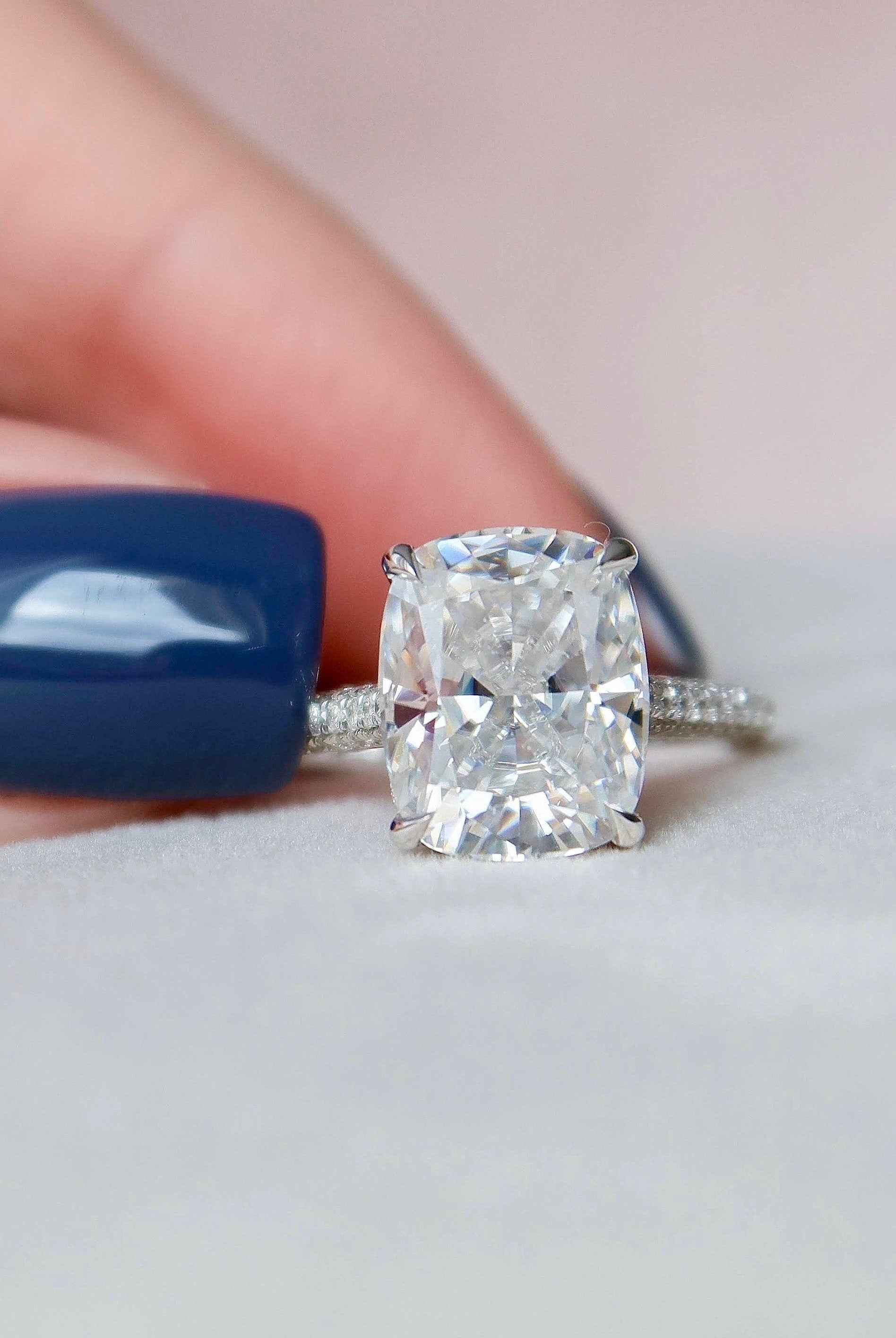 6.0CT Cathedral Set Elongated Cushion Moissanite Diamond Hidden Halo Engagement Ring