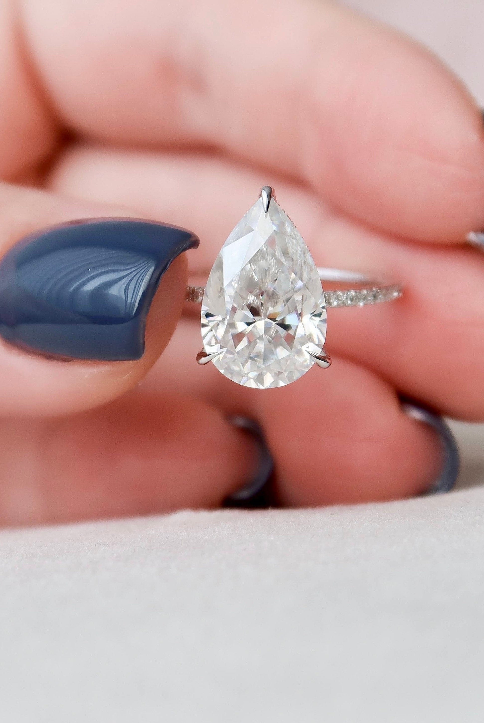 4.50CT Pear Hidden Halo Moissanite Diamond Solitaire Engagement Ring
