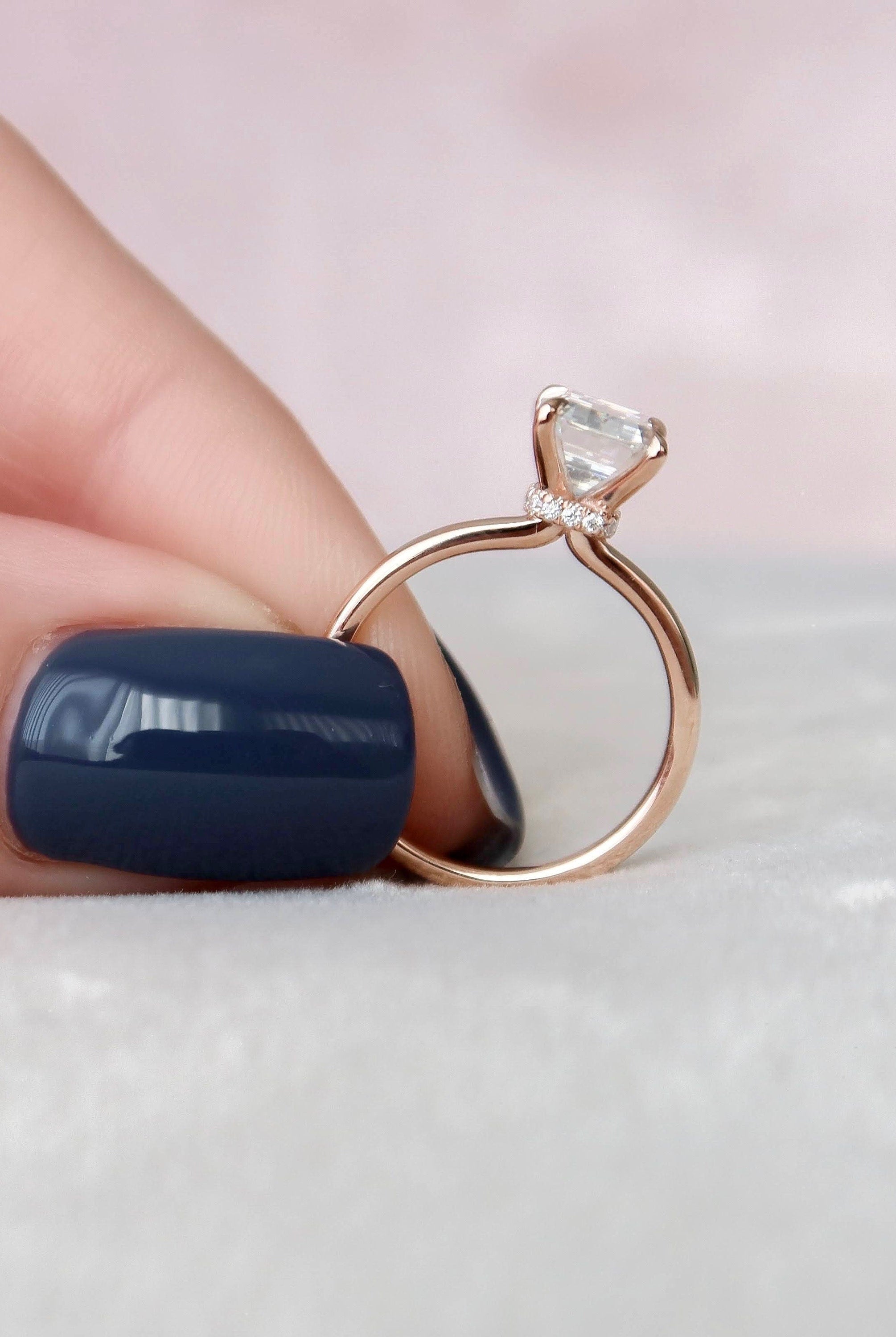 2.0CT Emerald Cut Hidden Halo Moissanite Diamond Solitaire Engagement Ring