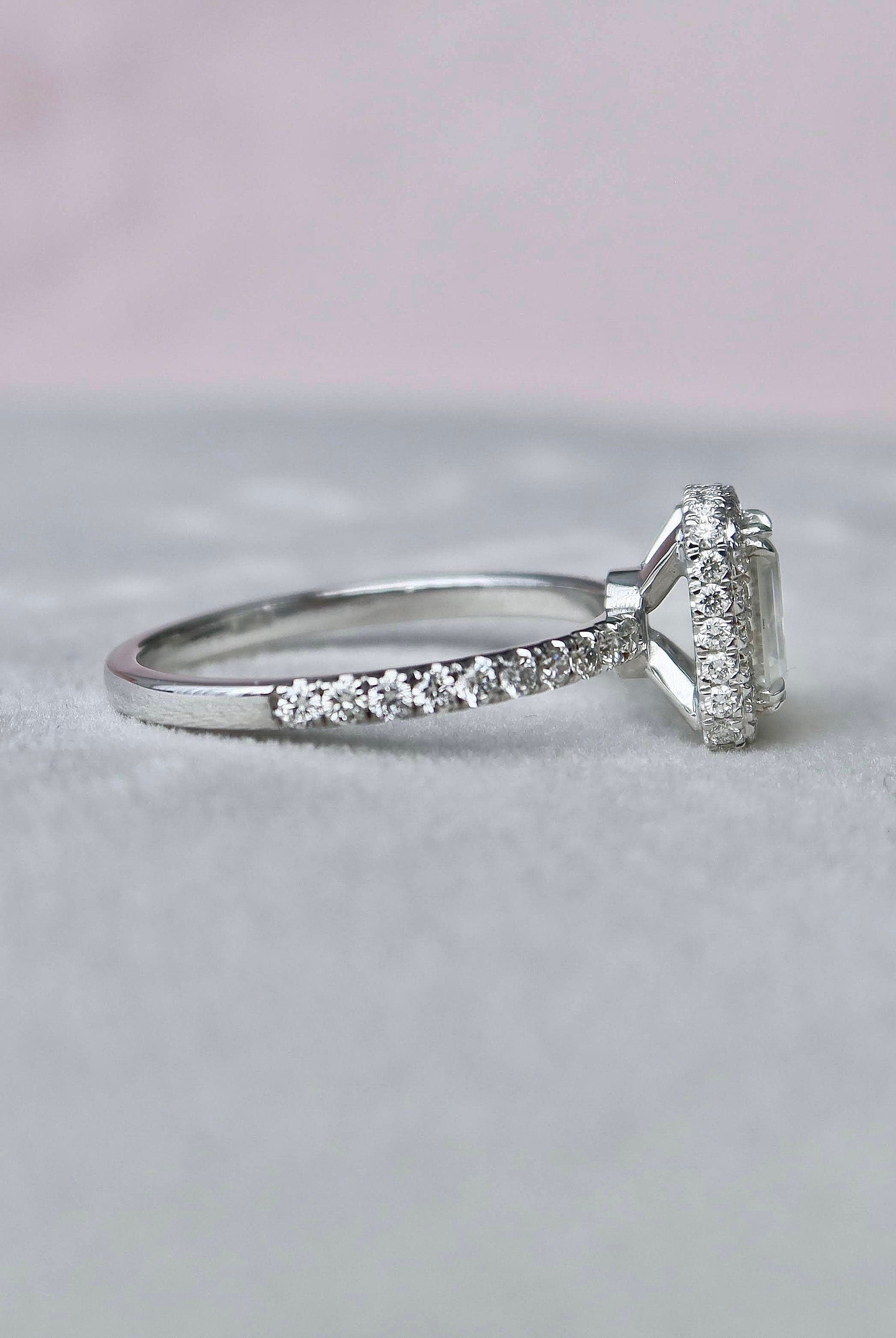 1.0CT Emerald Cut Hidden Halo Moissanite Diamond Pave Engagement Ring