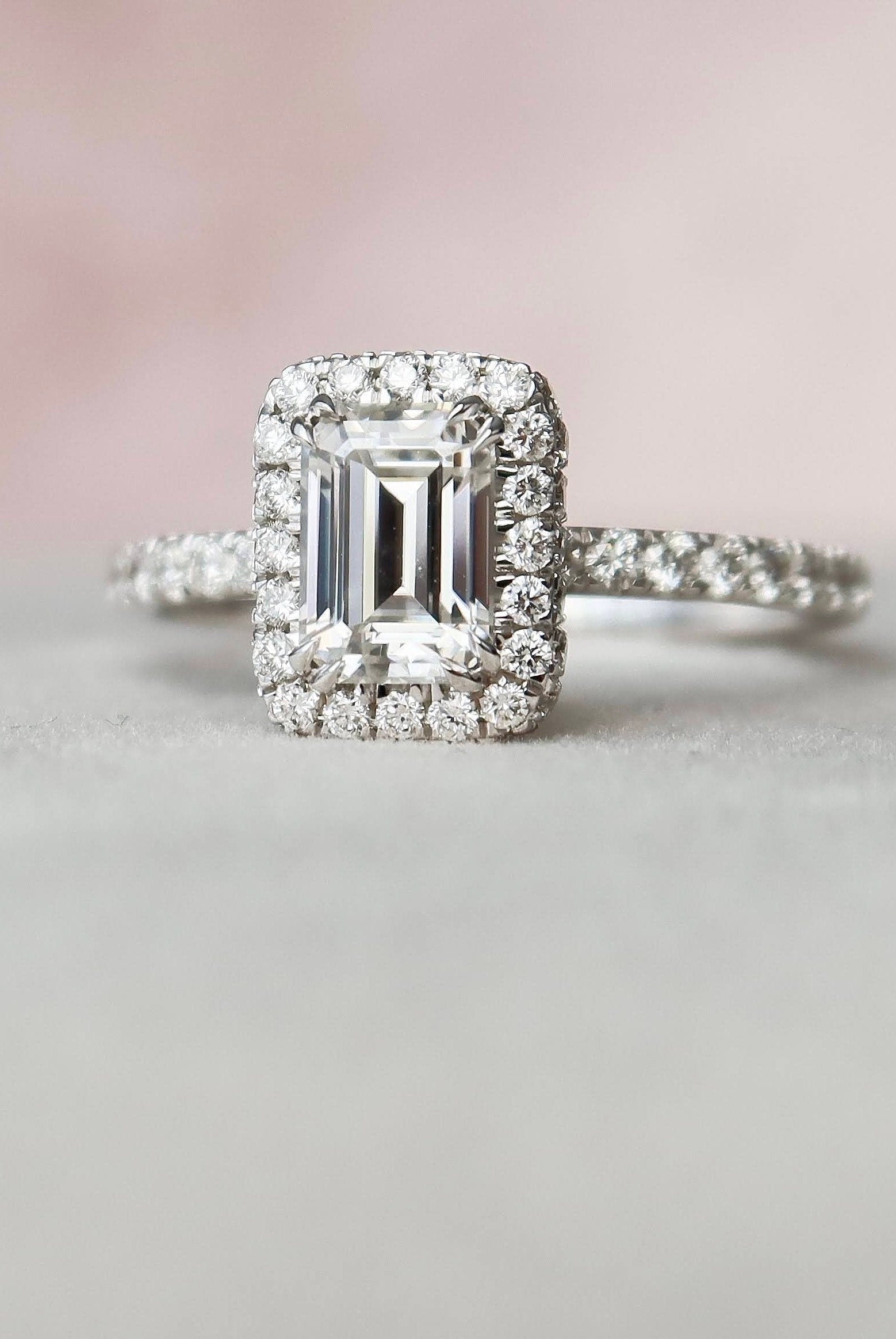1.0CT Emerald Cut Hidden Halo Moissanite Diamond Pave Engagement Ring